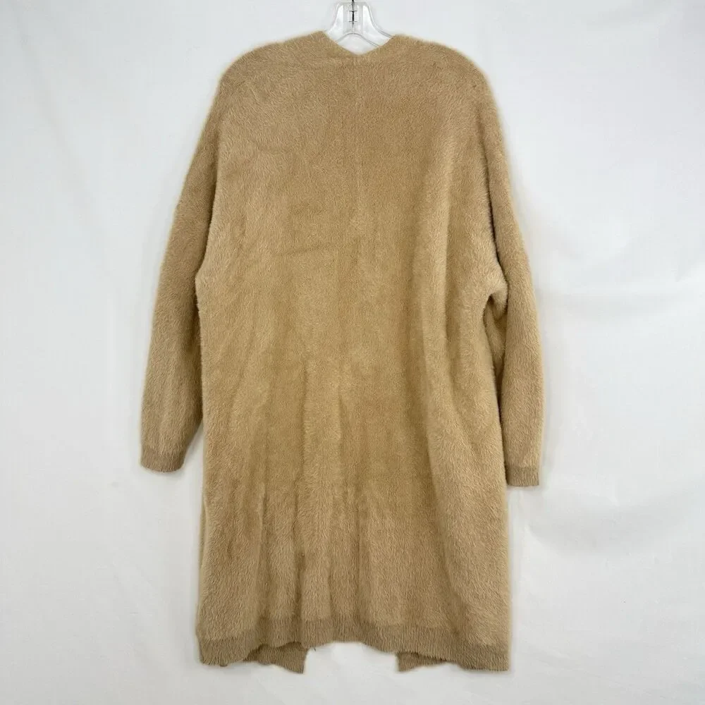 STELEN Fuzzy Knit Long Cardigan Sweater Camel Tan Open Front Slouchy Womens Sz M